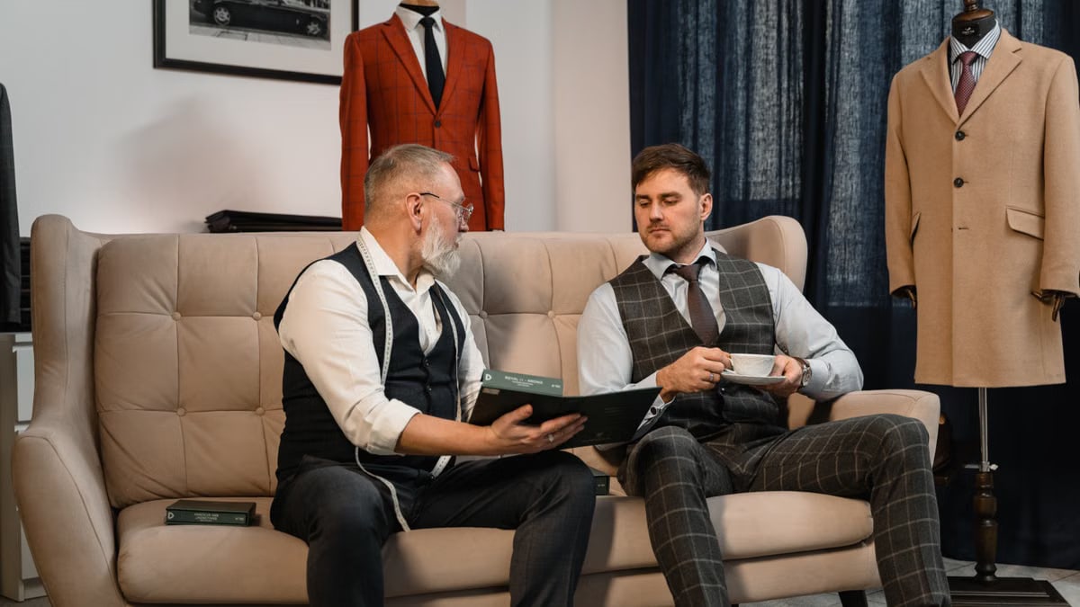Two men in a tailor shop discussing fashion choices. One holds a book; the other a coffee cup.