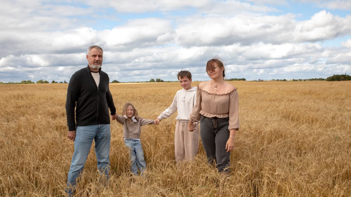 A family of four holding hands in a golden wheat field under a bright sky, expressing unity and togetherness.